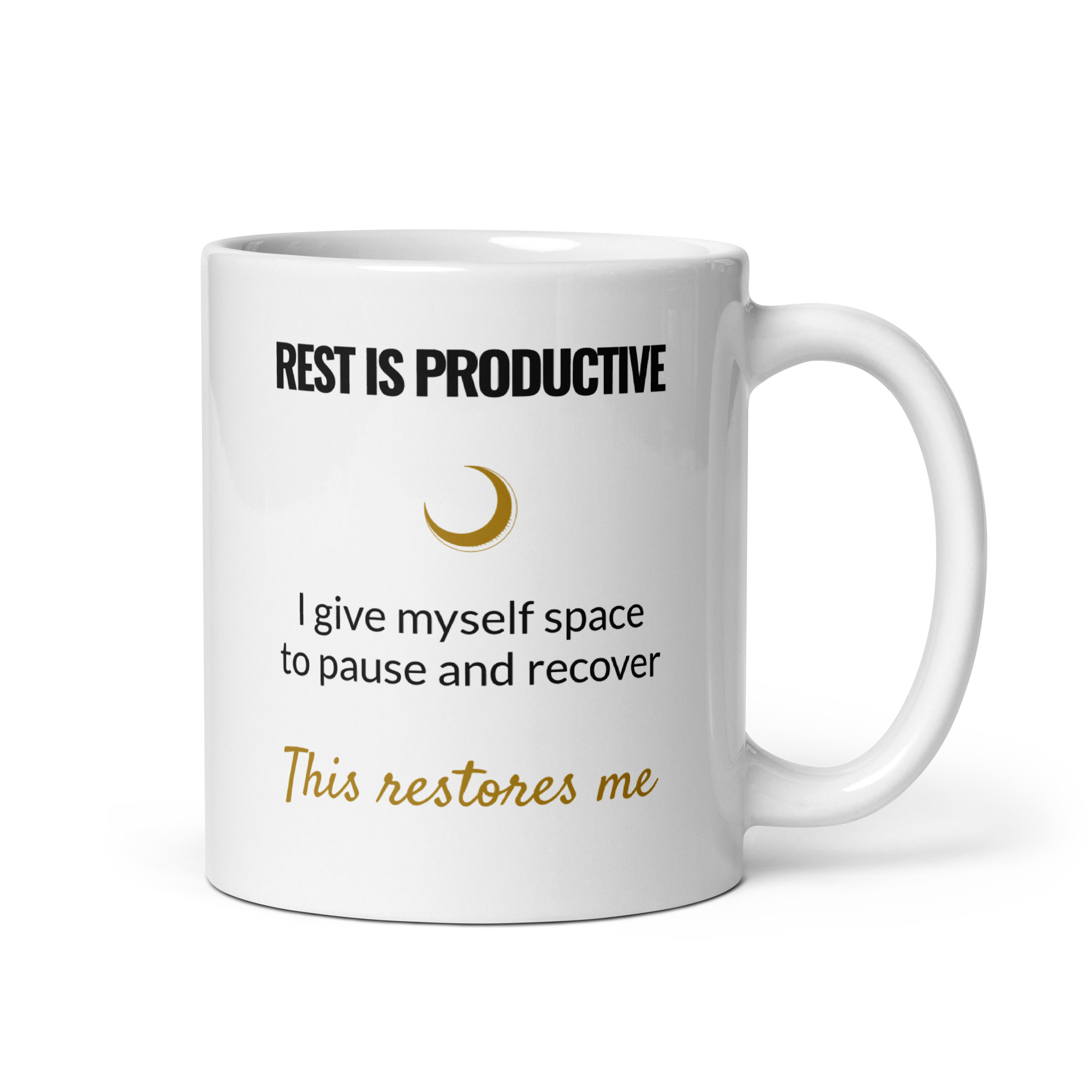 Rest Is Productive Mug – White Ceramic, 11 oz, Handle Right Rest Is Productive Mug, white ceramic 11 oz mug shown with the handle on the right