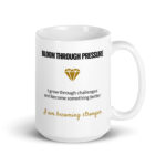 White ceramic Bloom Through Pressure affirmation mug, 15 oz, shown with the handle on the right