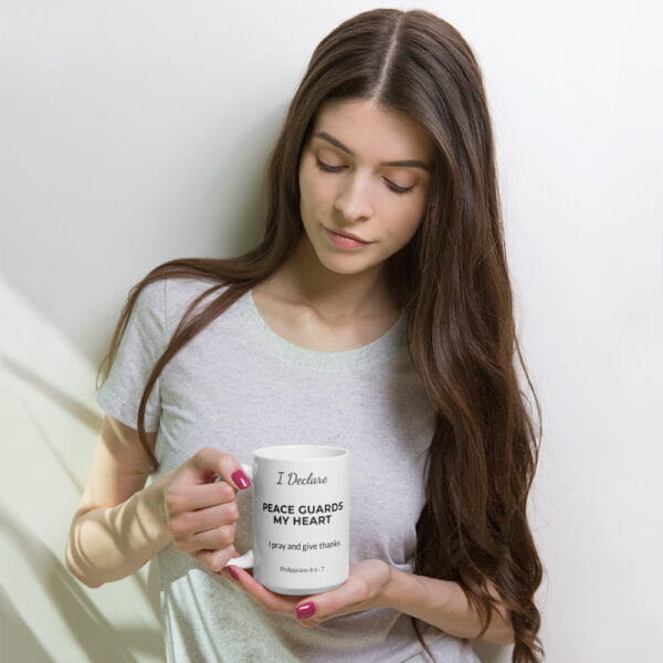 I Declare: Peace Guards My Heart Mug – White Ceramic, 15 oz, Lifestyle View